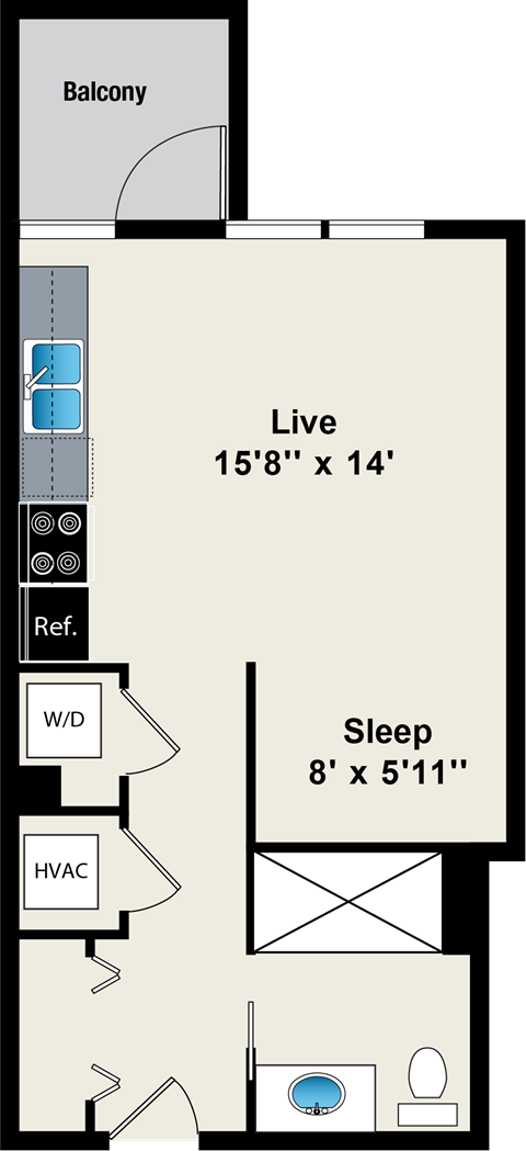 Floor plan for studio, 1 bath, 465 sqft